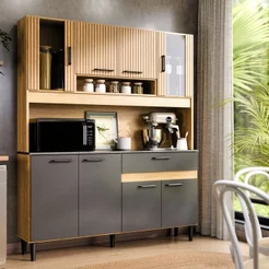 Kit Cozinha 120cm com Balcão e Aéreo Ripado Coral Grafite Ripado/Grafite