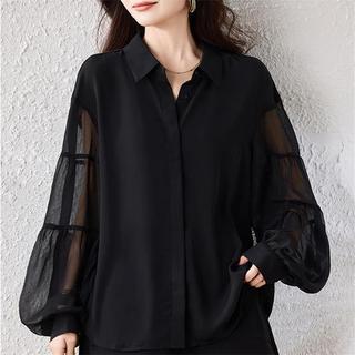 Olhos grandes [roupas femininas grandes] Camisa de manga comprida-lanterna preta camisa de manga comprida feminina leve 