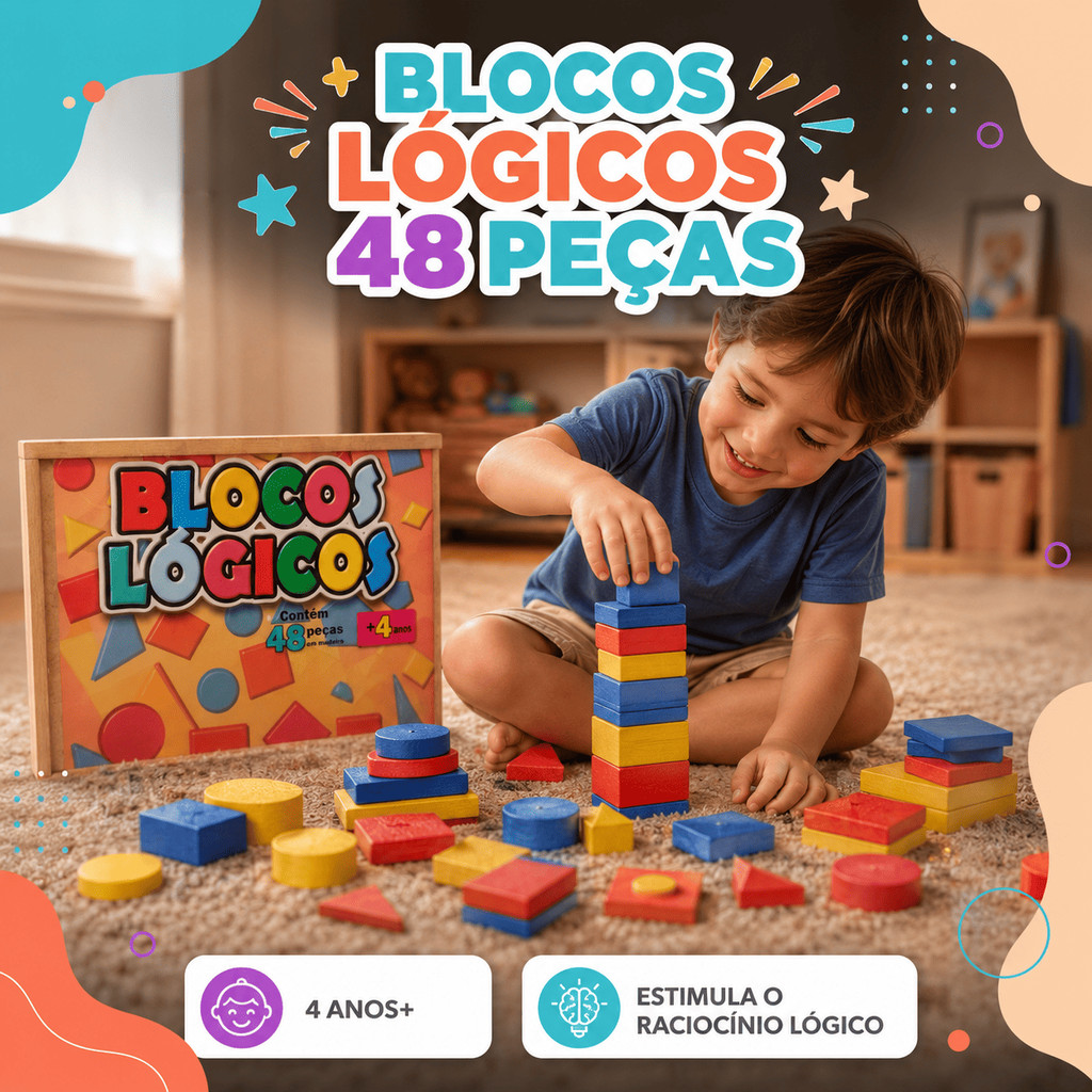 Blocos Lógicos 48 Peças em Madeira Jogo Pedagógico Educativo Formas Geométricas Coloridas Infantil
