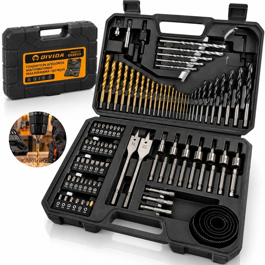 Kit 103 Peças Brocas Para Furadeira Parafusadeira Bits Pontas Soquetes Serra Copo Com Maleta