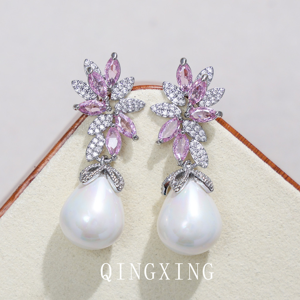 High-End Cross-Border criativo luz orquídea Spinel zircão flor pérola brincos vestido de jantar nupcial clipe de orelha 