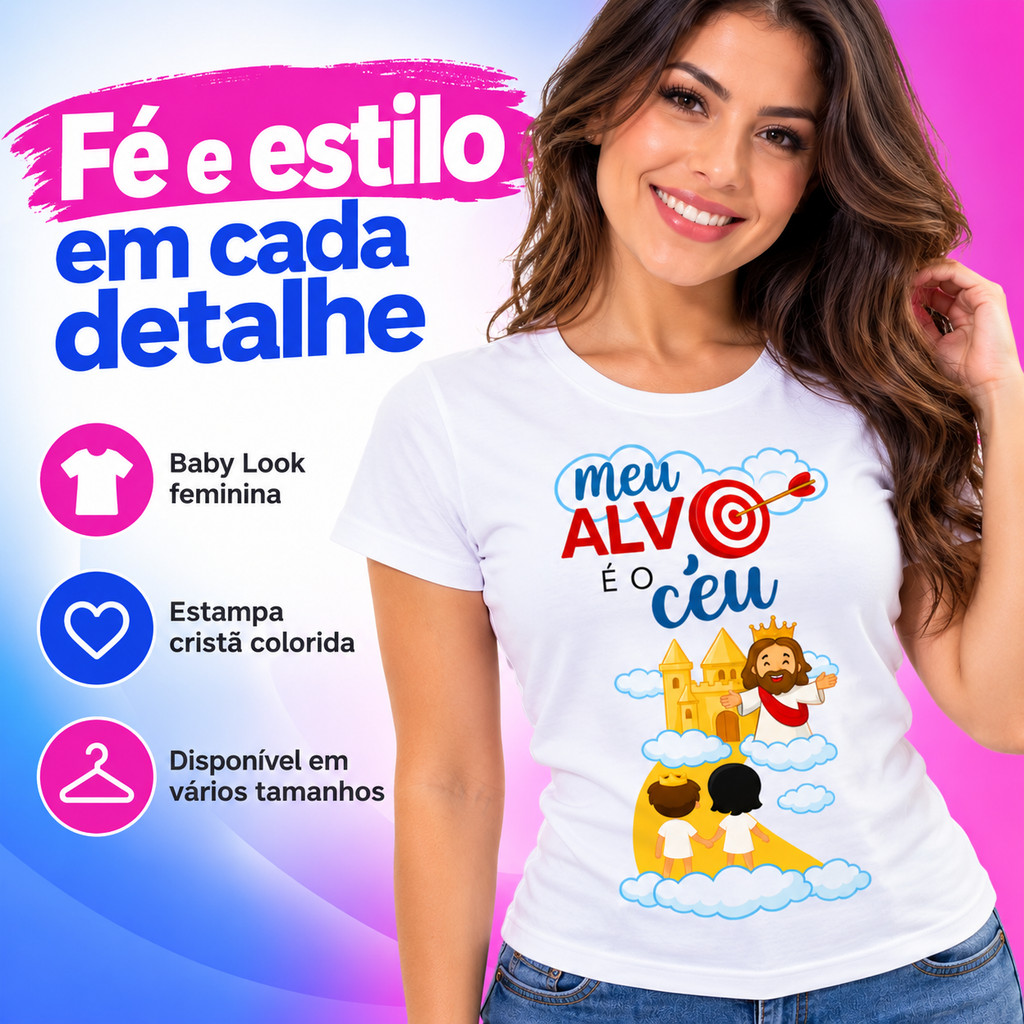 Baby Look Cristã Feminina Branca Estampada Meu Alvo É o Céu Camiseta Gospel Evangélica