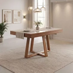 Mesa de Jantar Caroline Extensível Mel Vidro Off 4 a 6 Lugares Pés em Madeira Maciça