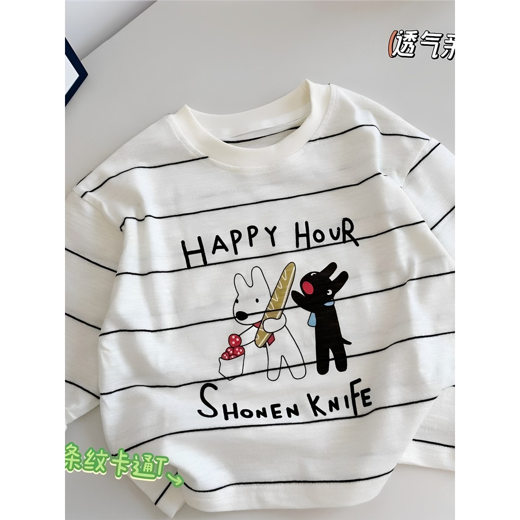 Crianças primavera outono dos desenhos animados bonito estilo ocidental listrado manga comprida camiseta meninos meninas