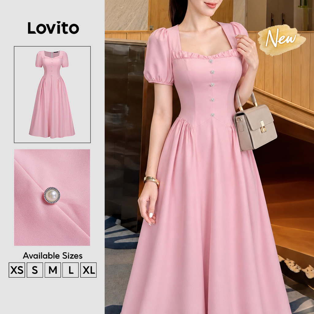 Lovito Vestido Feminino Elegante Rosa Claro com Babado na Gola Modelo Longo A Primavera Verão Traje de Trabalho DRK10P1D981