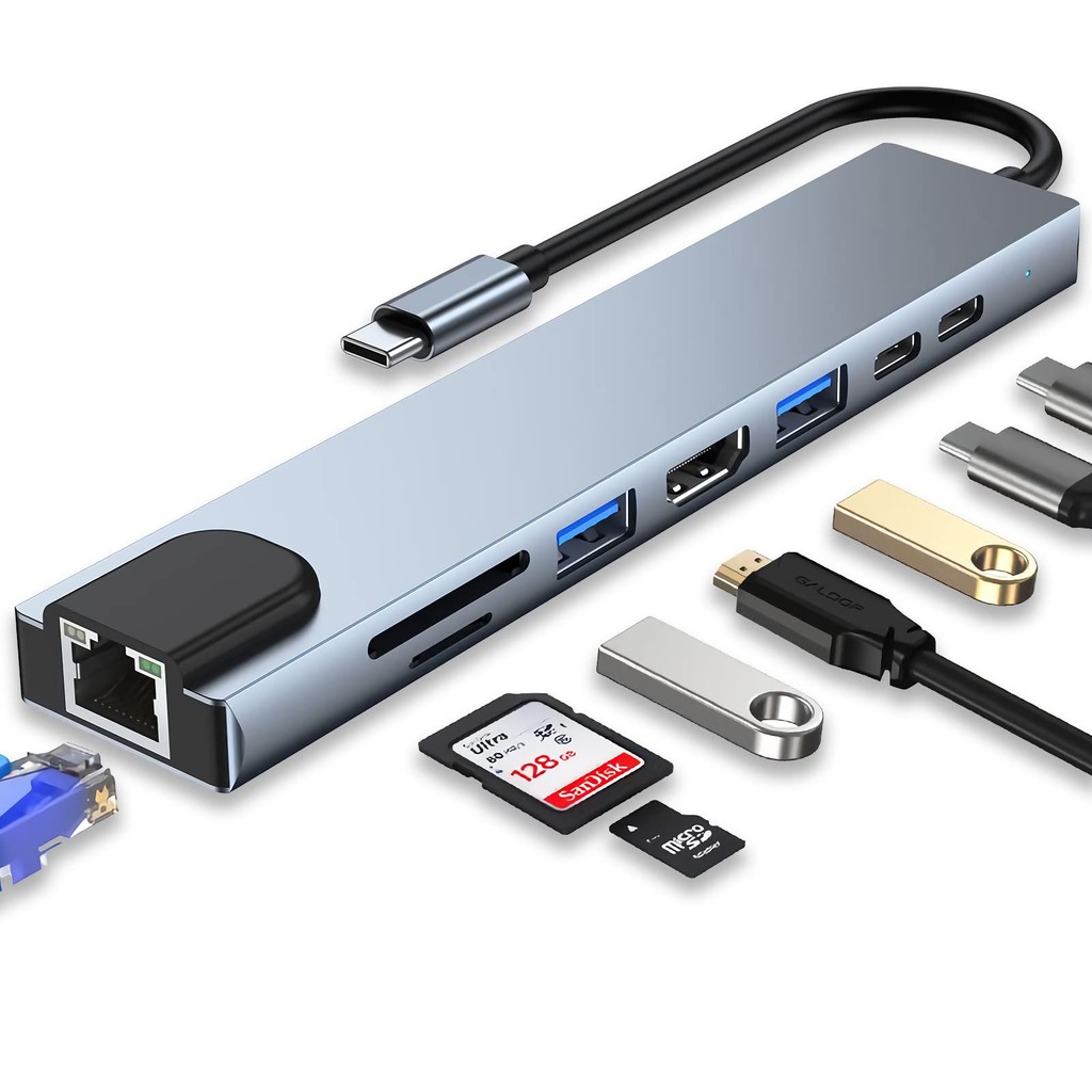 Adaptador Hub USB-C 8 em 1 B-Max HDMI 4K RJ45 FAST 2x USB 3.0 2x USB 2.0 SD PD Notebook MacBook