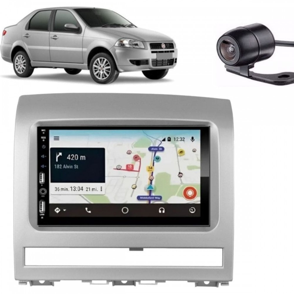 Central Multimídia Carplay Android Palio Moldura + Câmera Prata