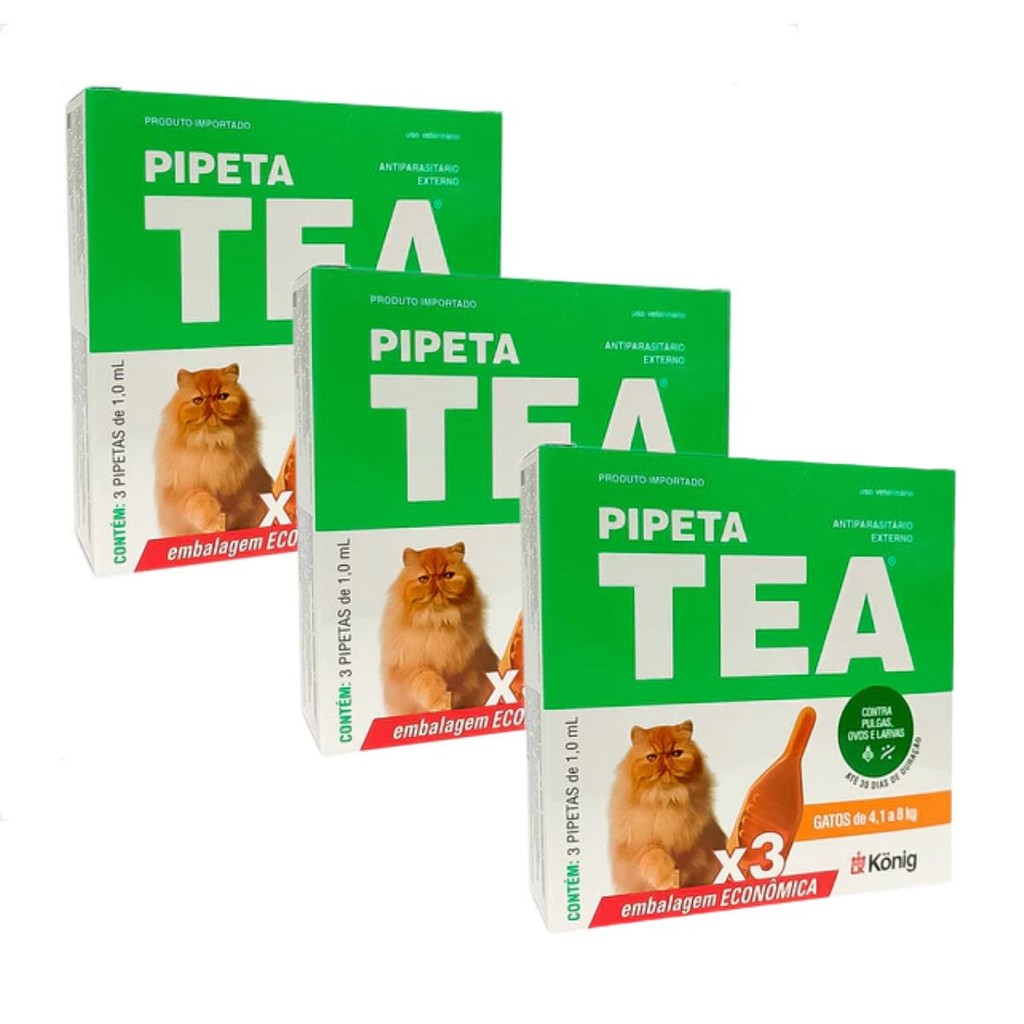 03 Antipulgas TEA Gatos Pipeta X3 unid 4,1 até 8KG 1ML Konig em Oferta na Shopee