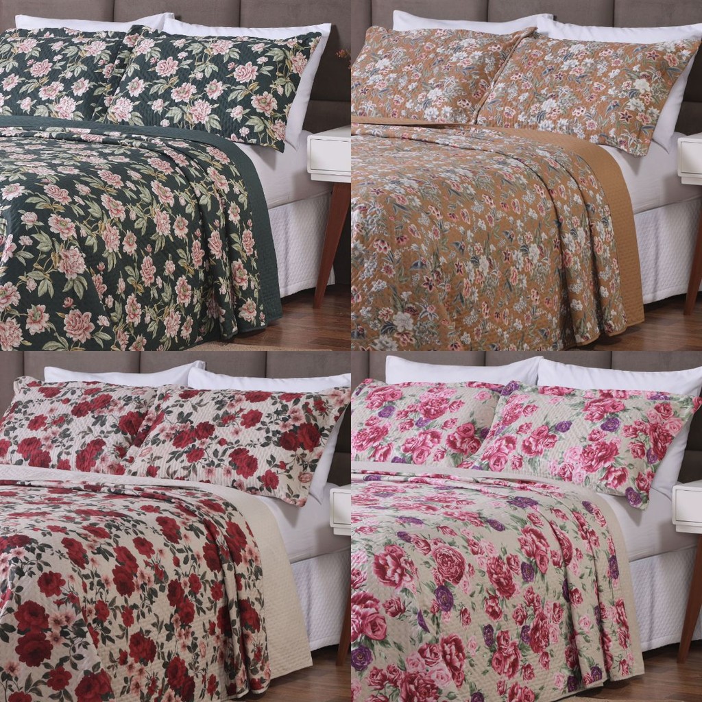 Kit Colcha Jasmim Cores Estampadas Ultrassônica Dupla Face 3 Peças  - Habitat (Casal, Queen e King)