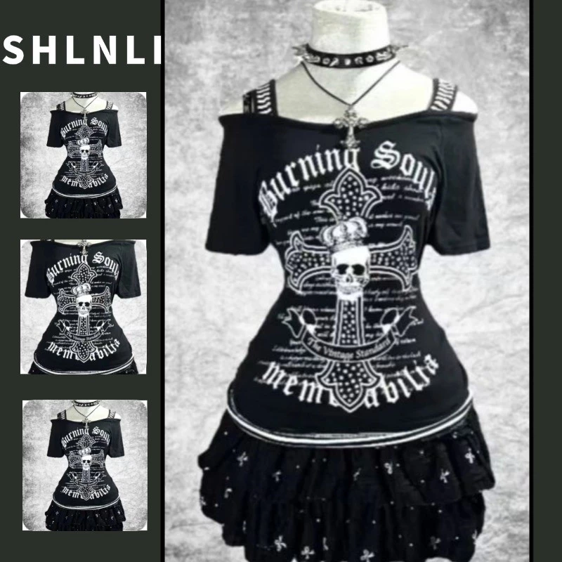 Camiseta Feminina Americana Com Estampa De Letras Na Cintura E Manga Curta Primavera Verão Y2k Top De Um Ombro — imagem 1