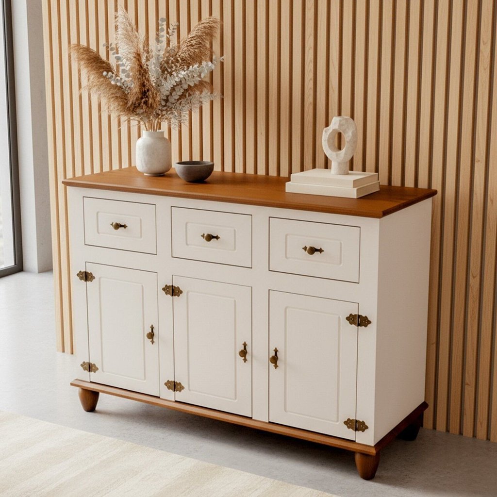 Balcão Buffet 3 Portas 3 Gavetas Tampo Base e Pés em Madeira Maciça Joy em Oferta na Shopee