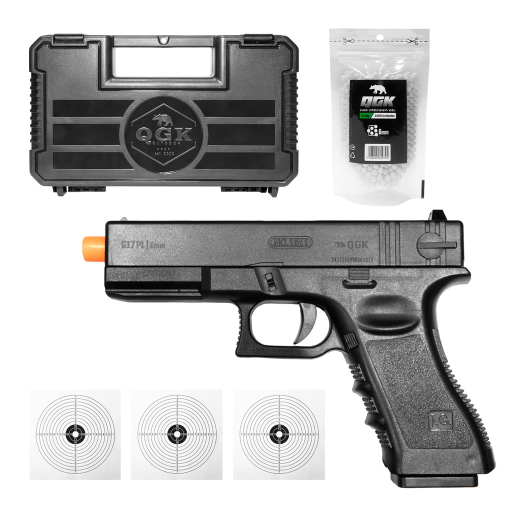PISTOLA DE AIRSOFT SPRING QG17 PL 6MM QGK+CASE+1000BBS+ALVOS em Oferta na Shopee