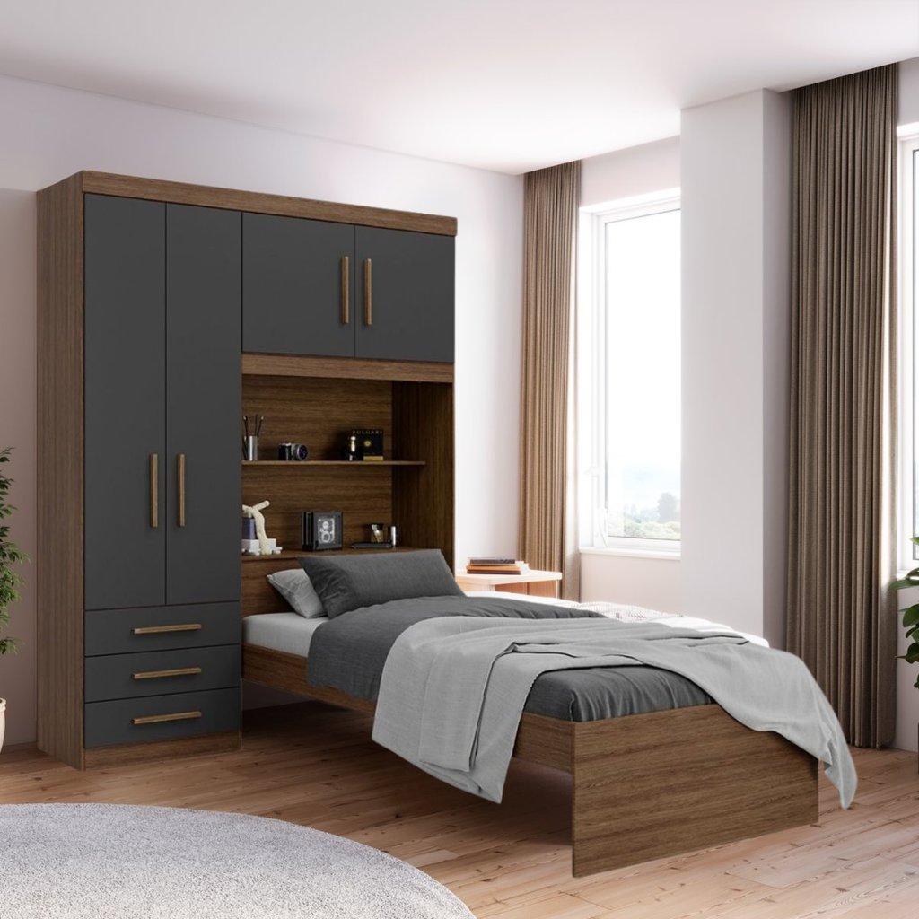 Guarda-roupa Solteiro com Cama Solteiro 4 Portas 3 Gavetas Advantage Ipê Wood/Grafite em Oferta na Shopee
