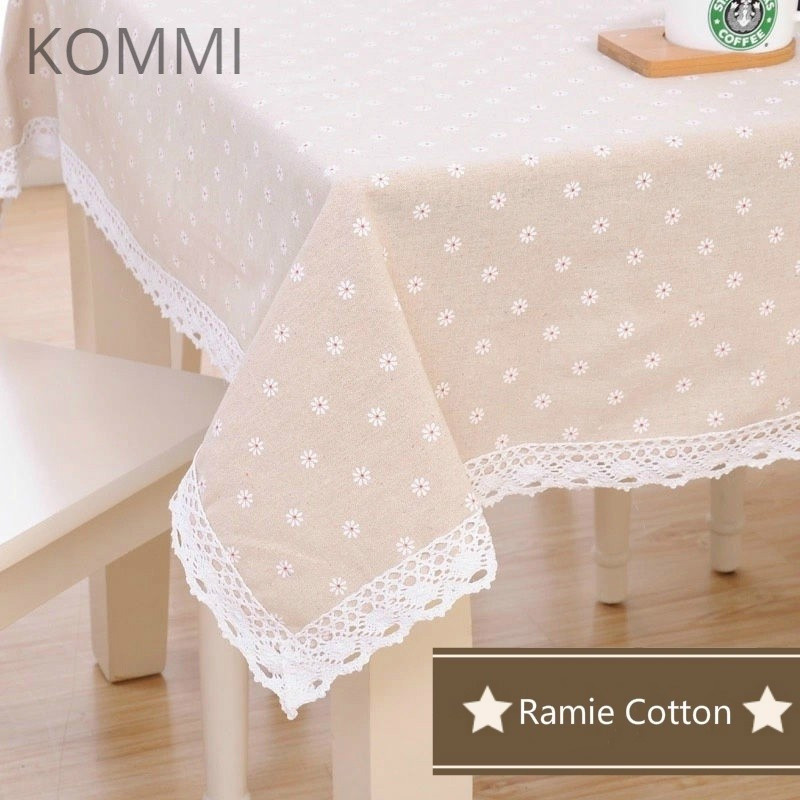 Toalha de mesa estilo pastoral Margarida em algodão e linho com renda