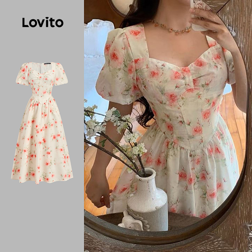 Lovito Vestido Boho com Pregas Linha Estruturada Vestido de Primavera/verão para mulheres L154ED1084 em Oferta na Shopee