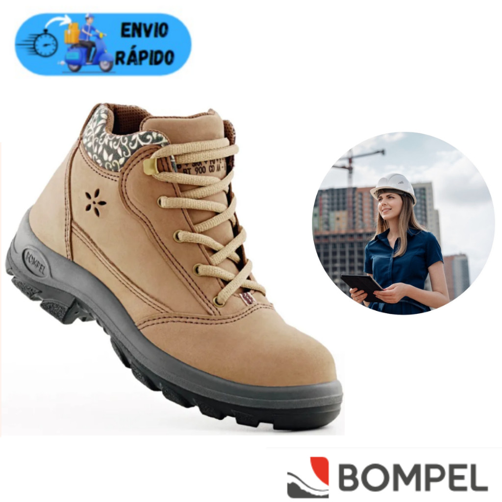 BOTA BOTINA DE SEGURANÇA FEMININA BOMPEL BICO PVC UPPER NOBUCK BIDENSIDADE COURO BEGE CADARÇO