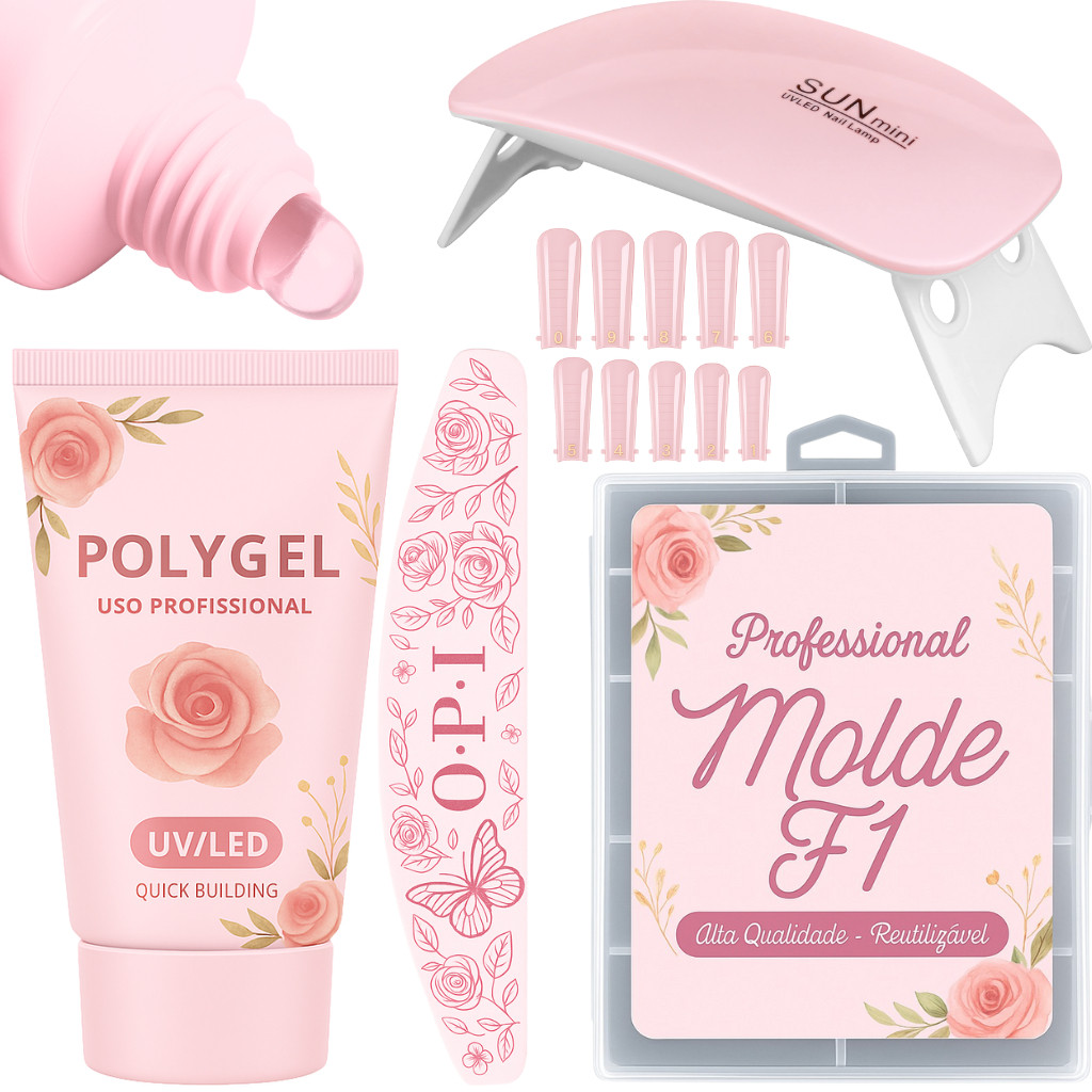 Kit Alongamento Poligel Polygel + Molde F1 + Lixa + Mini Cabine De Unha