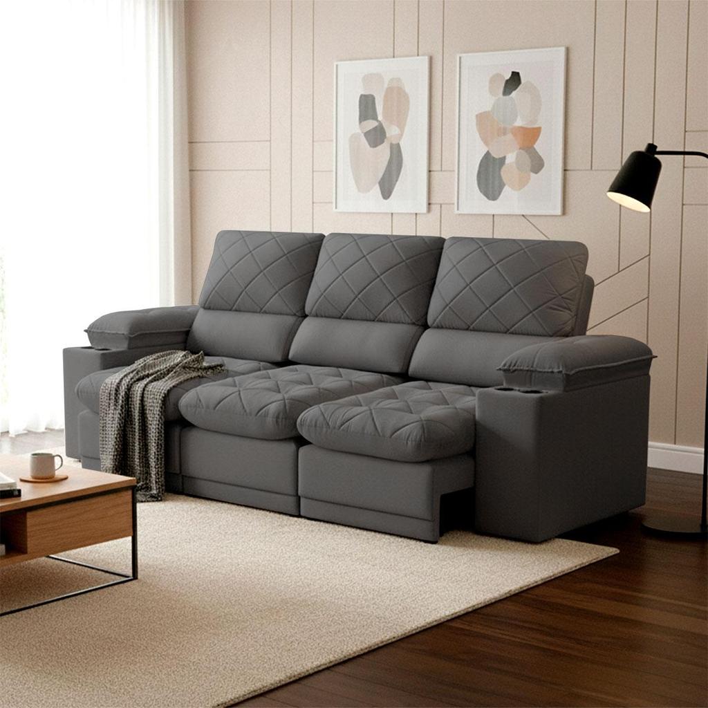 Sofá Veneza 2,40m Retrátil Reclinável Grafite USB e Porta Copos - King House em Oferta na Shopee
