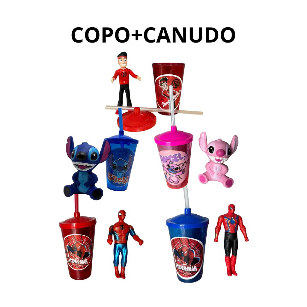 Kit Copo Canudo + Boneco Personagem Infantil – Diversos Personagens