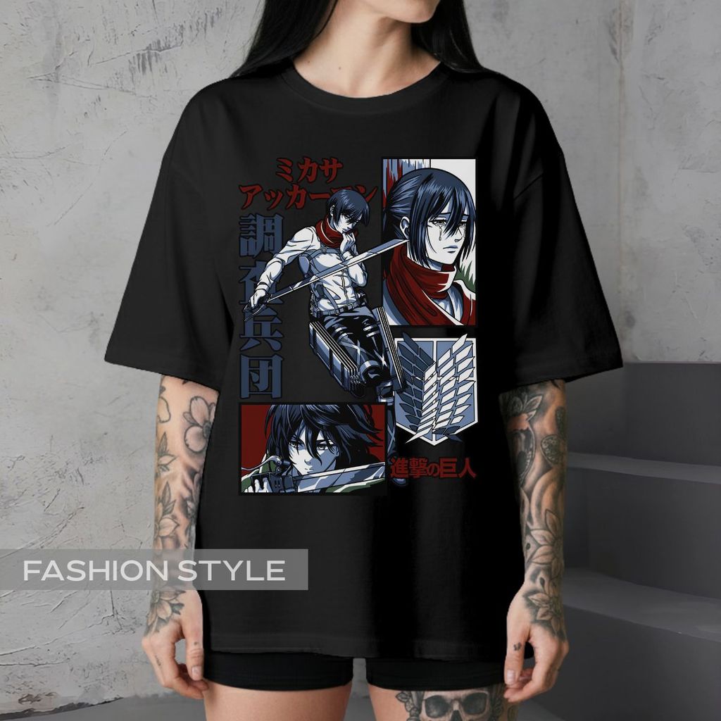 Camiseta Mikasa Attack On Titan Anime Titãs Estrondo Eren Levi Shingeki  Camisa Unissex Plus Size Preta