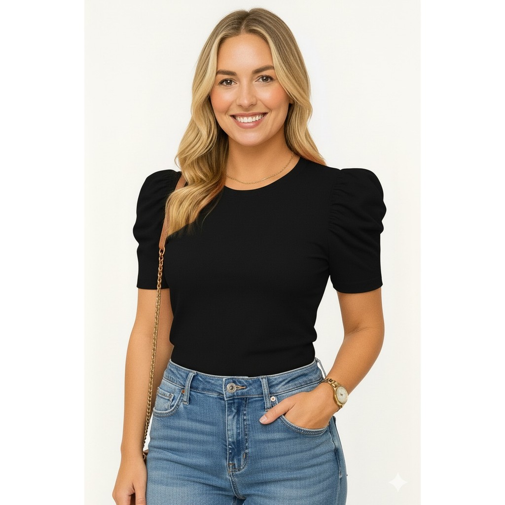blusa feminina moda canelada elastano manga curta bufante moderna