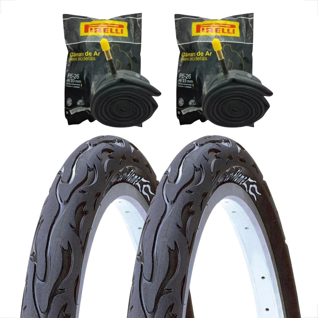 Par Pneu Bicicleta Kenda Flame Aro 26 x 2.125 Balão + 2 camaras de ar Pirelli 26 Montadinha Freeride
