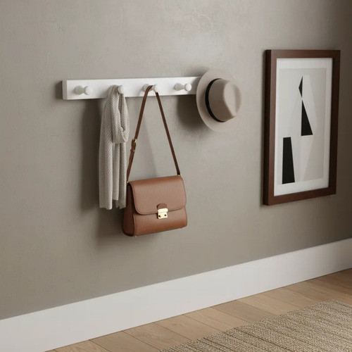 Cabideiro De Parede Fixo Em Madeira Roupas Bolsa Cor Branco Com Parafusos e Buchas
