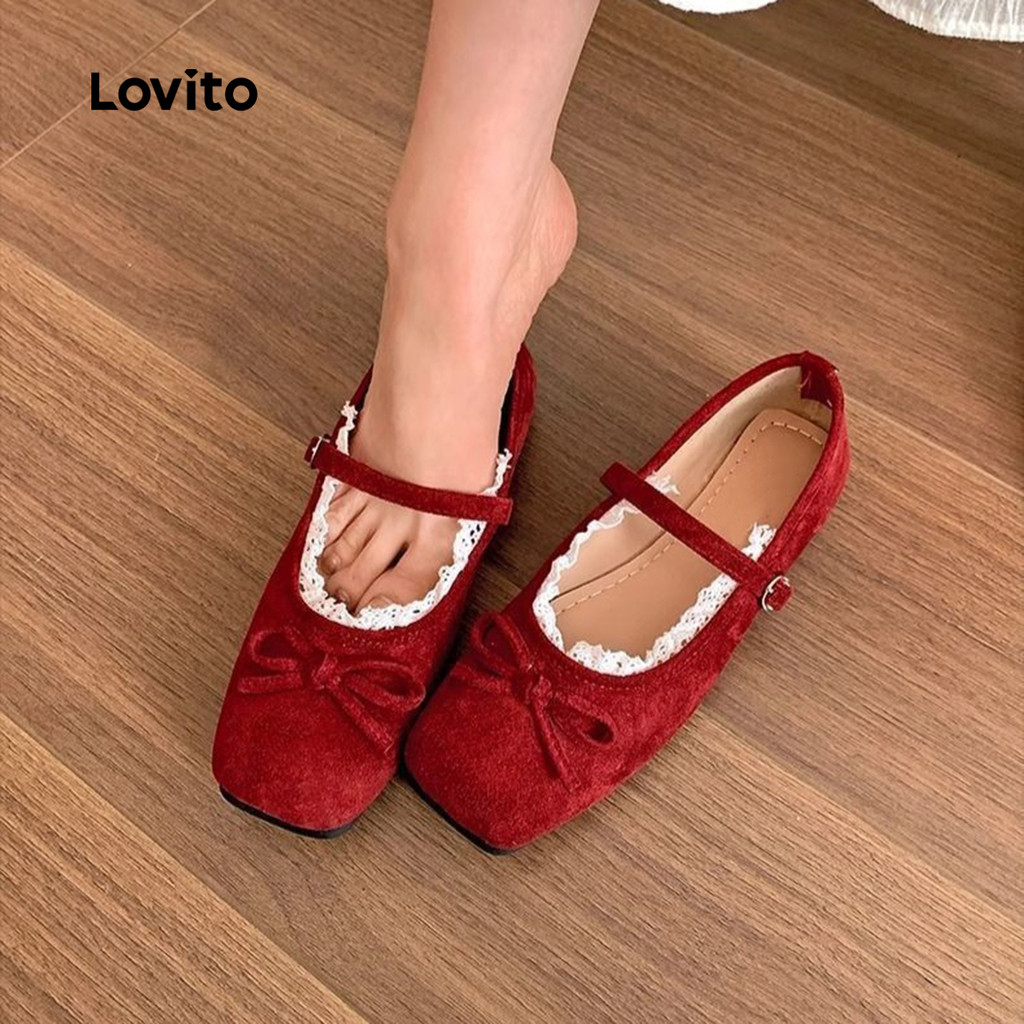 Detalhes do Lovito Sapato Feminino Mary Jane Sofisticado com Laço de Renda e Sola Acolchoada LFA89033