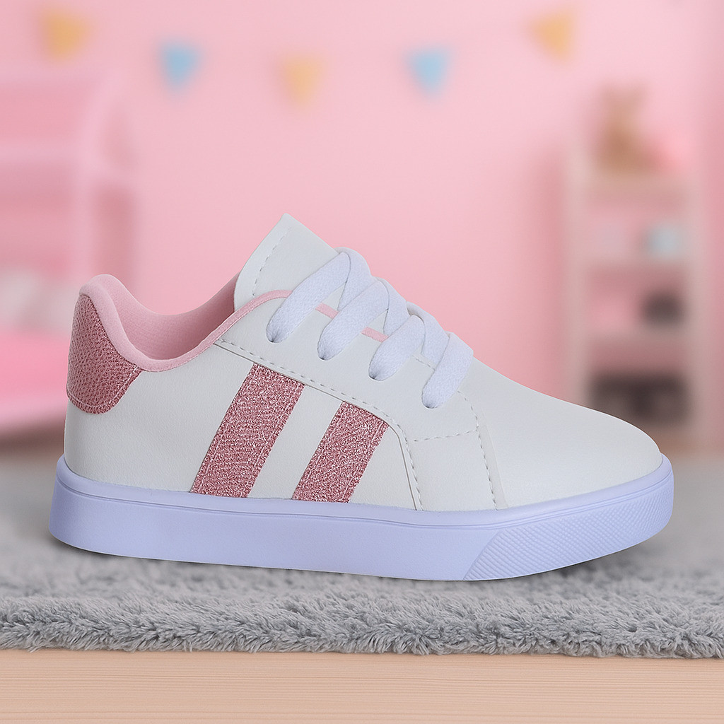 Tenis de Menina Listrado Branco Rosa Glitter Feminino Casual Escolar Lançamento Kids