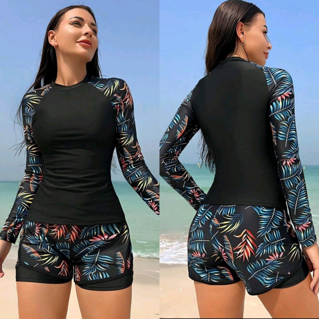 Maiô Feminino Praia Proteção UV Rashguard Manga Comprida Surf Terno De 2 Peças