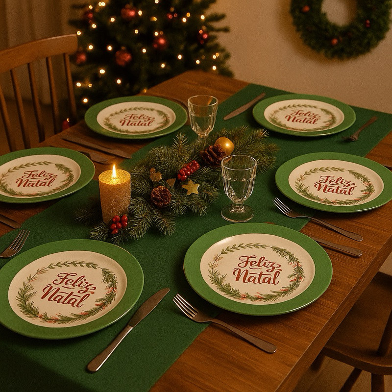 Kit 4/8 Pratos NATALINO Redondos Natal Verde Vermelho 25cm Melamina Jantar Ceia Festas