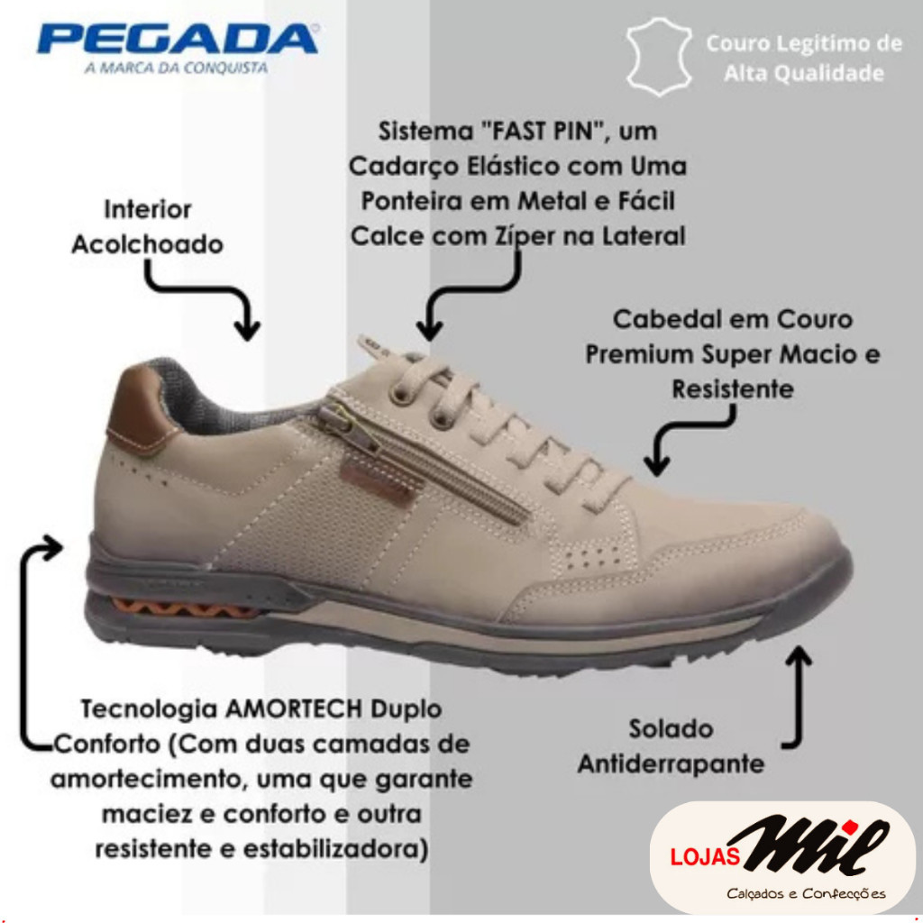 Sapatênis Masculino Pegada Casual Calce Fácil Amortec Couro Premium