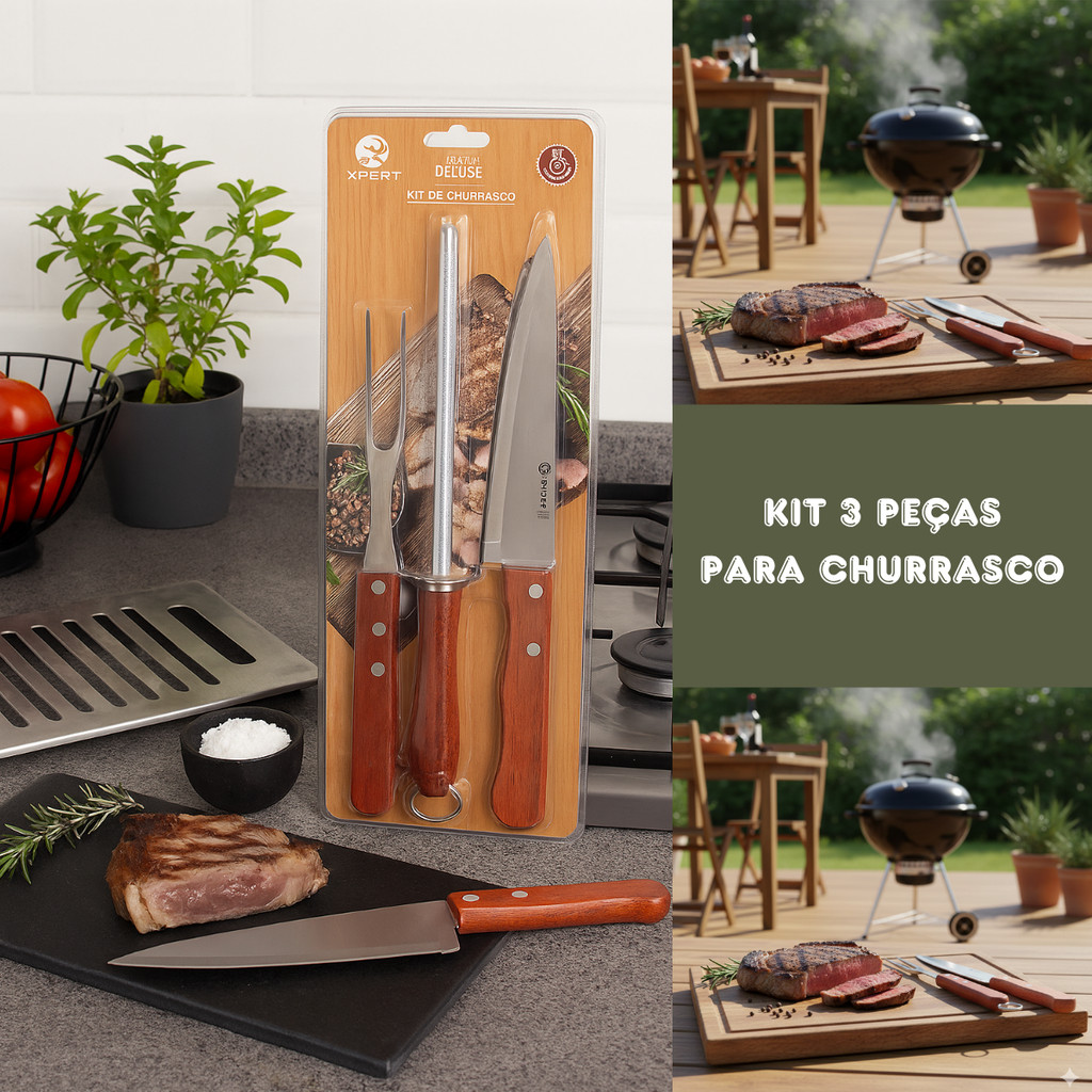 Kit churrasco com cabo de madeira faca garfo e espeto inox