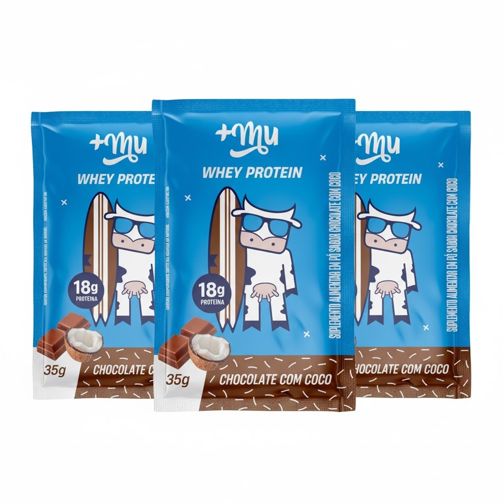 KIT 3 WHEY PROTEIN CONCENTRADO SACHE CHOCOLATE C COCO 20G DE PROTEINA 37G +MU