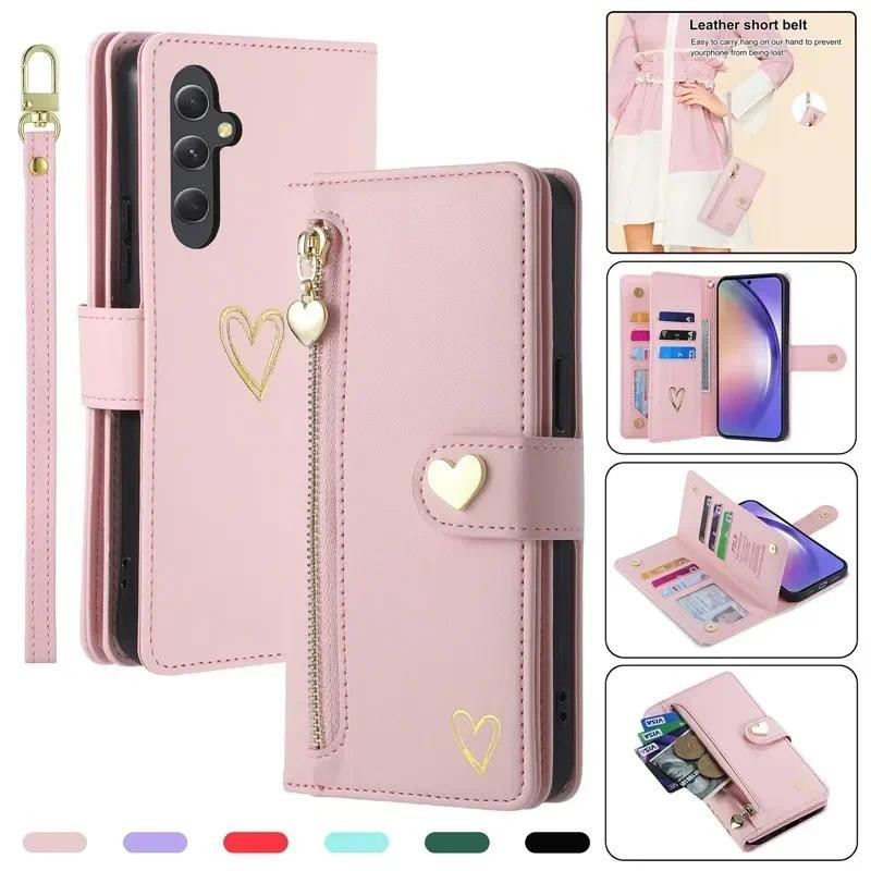 Cordão De Couro Zip Carteira Caso Telefone Para Samsung Galaxy A56 A36 A26 A16 A