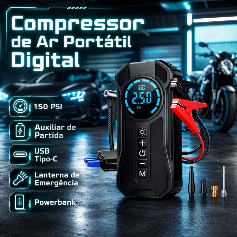 Promoção quente Bomba de Ar Portatil Compressor Inflator Multi-função 4 em 1 Auxiliar Partida Bateria Portátil Emergênci