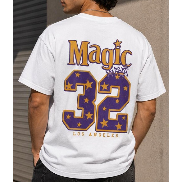 Camiseta Masculina Feminina Oversized Estampa Magic Número 32 Estrelas Los Angeles Verso T-shirt Streetwear Unissex