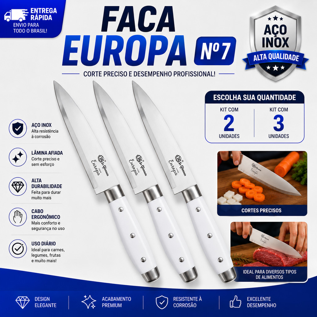 Kit 03 Facas de Corte Nº7 Linha Europa Para Carne Legumes e Frutas