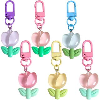 6 Chaveiros Coloridos em Forma de Tulipa, Acessórios Fofos para Mochilas, Charms de Chaveiro para Decoração de Bolsas e 