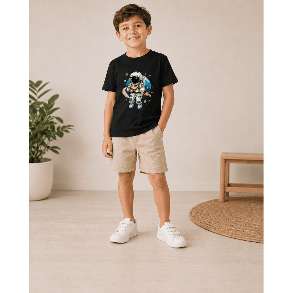 Conjunto Infantil Camiseta Astronauta Espacial + Bermuda Menino Roupa Casual Estilosa Verão Algodão