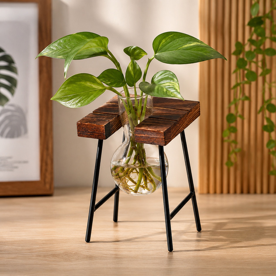 Vaso de Vidro com Base de Madeira Planta Hidropônica Decoração Sala Escritório Quarto