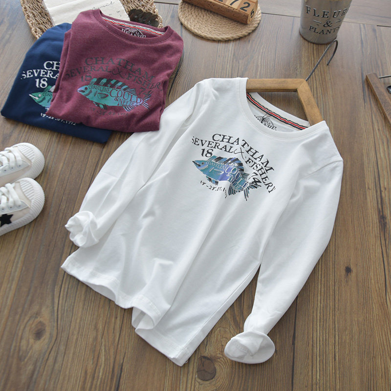 Crianças escovado pele-amigável puro algodão azul escuro manga comprida camiseta meninos primavera outono branco em torn