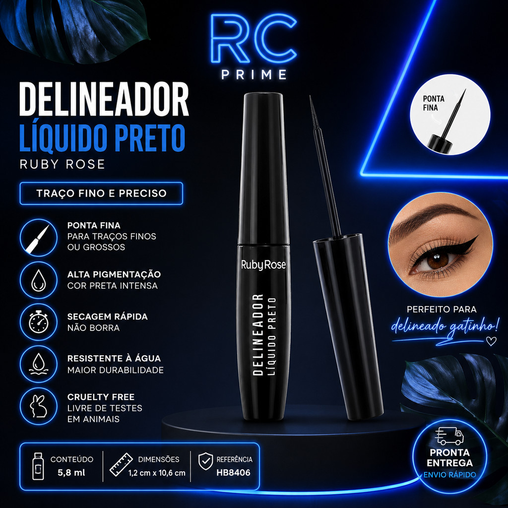 Delineador Líquido Preto Ruby Rose HB-8406