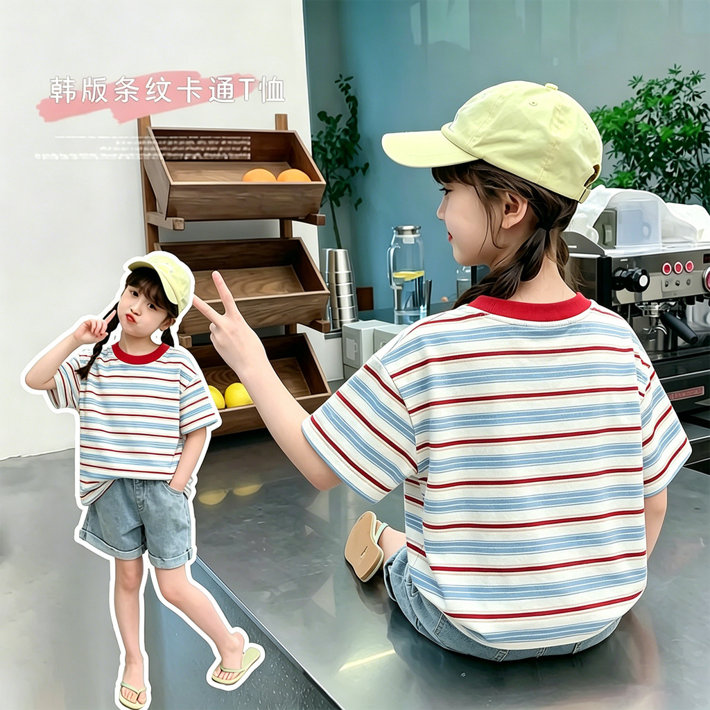 2026 novo estilo crianças versão coreana bonito menina verão manga curta camiseta bebê estilo fino moda listrado solto t