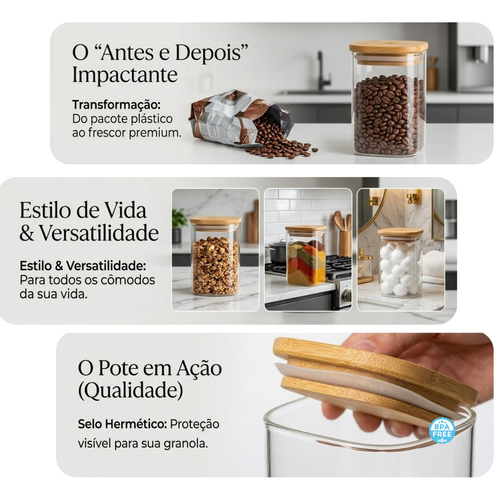 Kit Potes De Vidro Hermético Quadrado 200ml com Tampa de Bambu Ultra Premium Porta Condimentos · foto 2