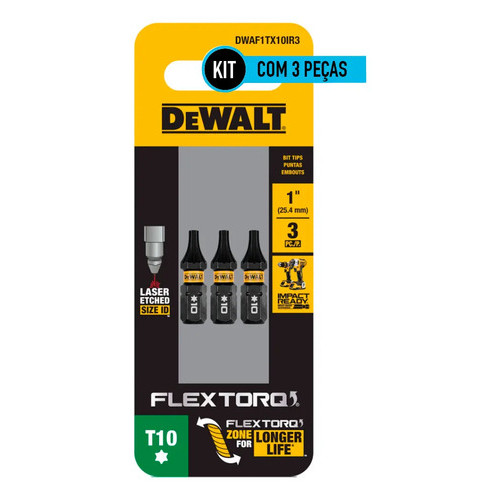 Bits Torx Impacto DeWalt T10 25mm Flextorq DWAF1TX10IR3 Kit 3pçs Encaixe 1/4 Ponta Parafusadeira Furadeira