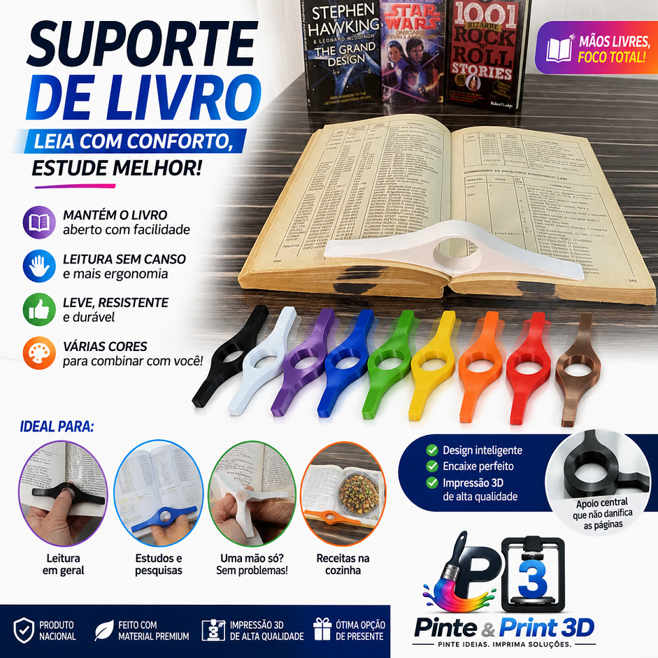 Suporte para Livros em Impressão 3D | Mantém Livro Aberto | Apoio para Leitura, Estudos, Receitas e Home Office