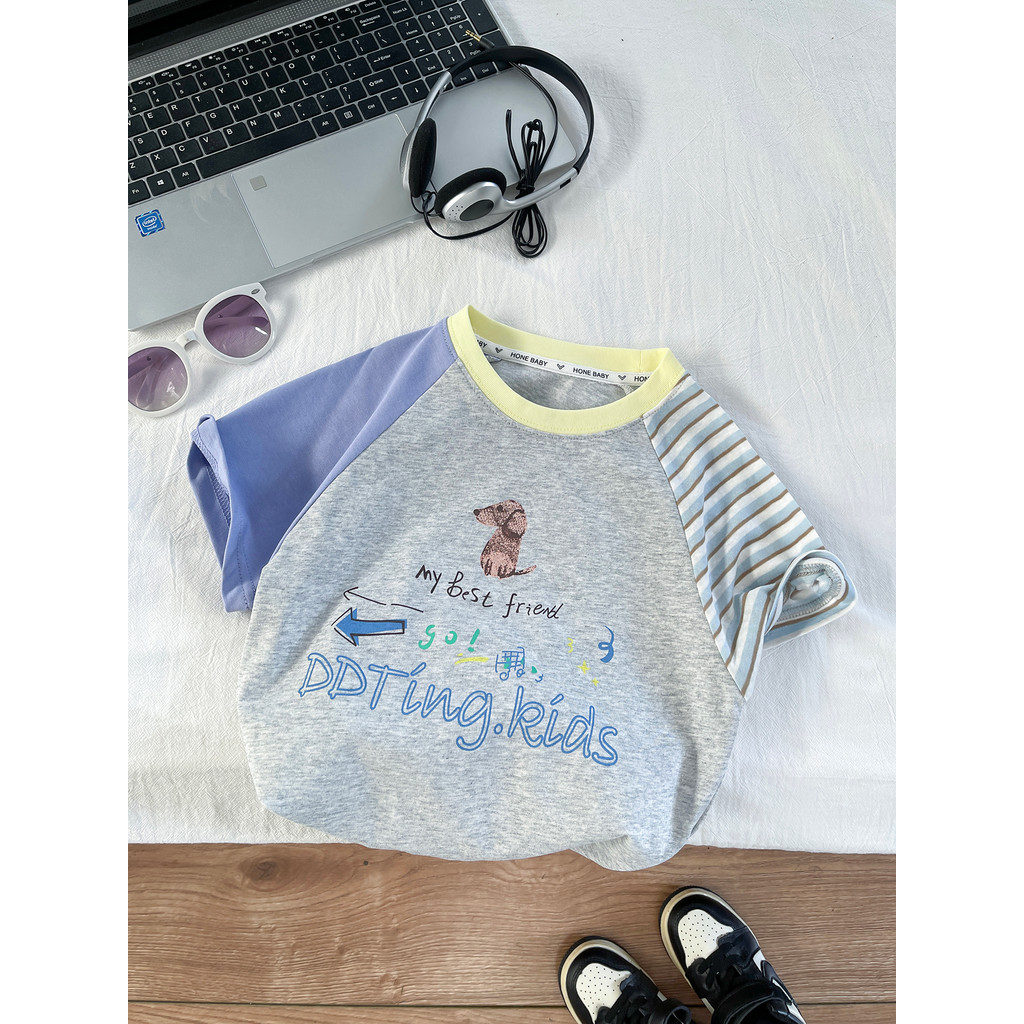Meninos camiseta de manga curta puro algodão crianças verão contraste cor dos desenhos animados filhote de cachorro topo