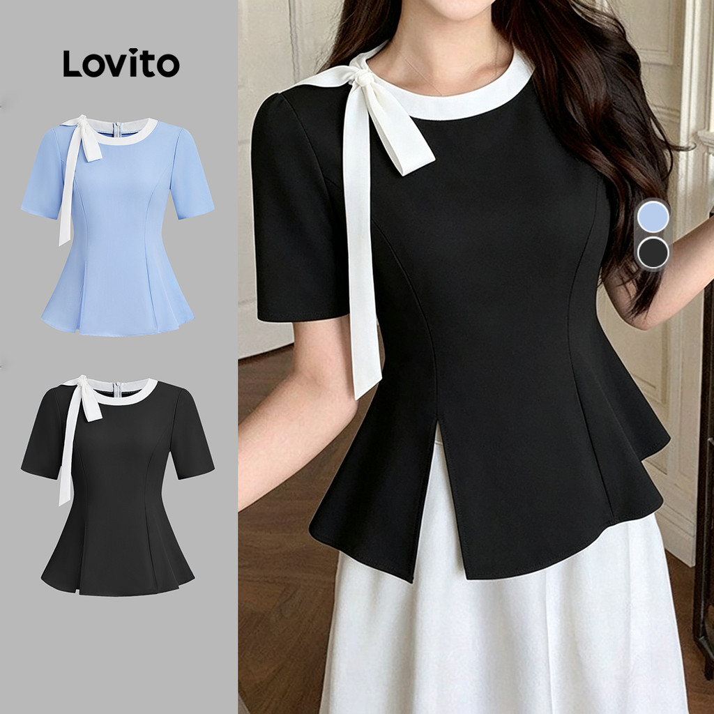 Lovito Blusa Elegante Amarrada com Recorte Preto e Branco para Mulheres Primavera/Verão Bordado LK4LD2719