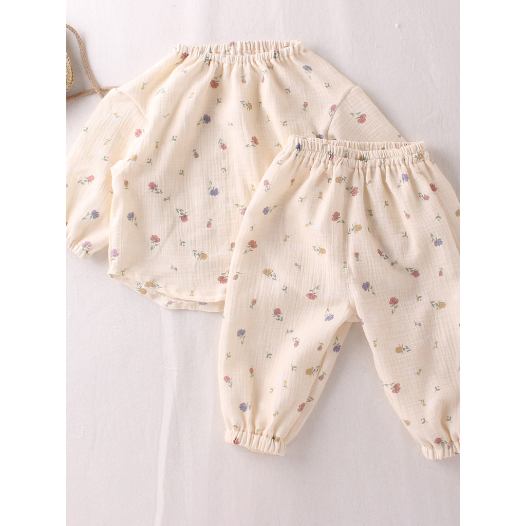 Meninas Floral fio de algodão terno verão respirável Anti-Mosquito calças All-Match estilo fino de duas peças fundo de m